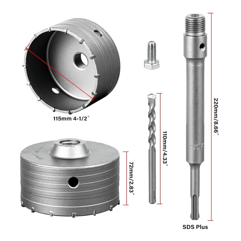 SALI Concrete Hole Saw Kits 4-1/2"（115mm） Tungsten Steel Wall Hole Cutter Drill Bit Sets with 220mm SDS Plus Shank Connecting Rod，110mm Center Positioning Drill Bits for Cinder Block,Brick,Adobe Wall - Image 2